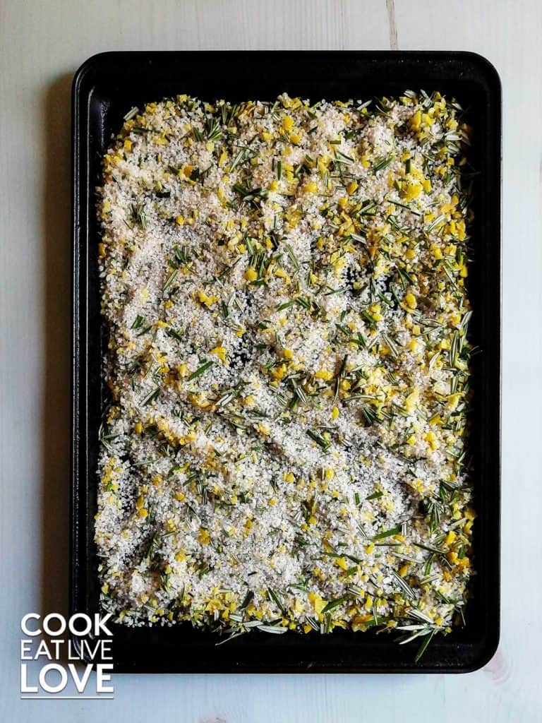 Herb salt on a baking tray ready for the oven.