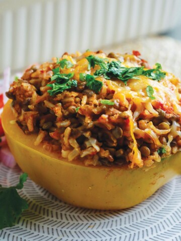 Lentil stuffed pepper on a plate ready to eat