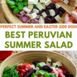 Pin for pinterest with image of peruvian chopped salad in a bowl and text on top.