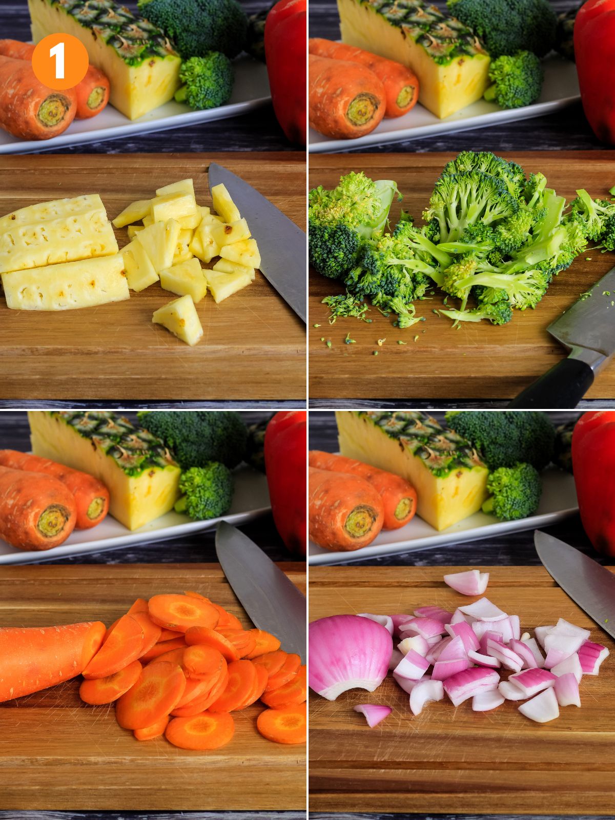 Collage of vegetables on cutting board to demonstrate the best shape and size to cut for stir fry.
