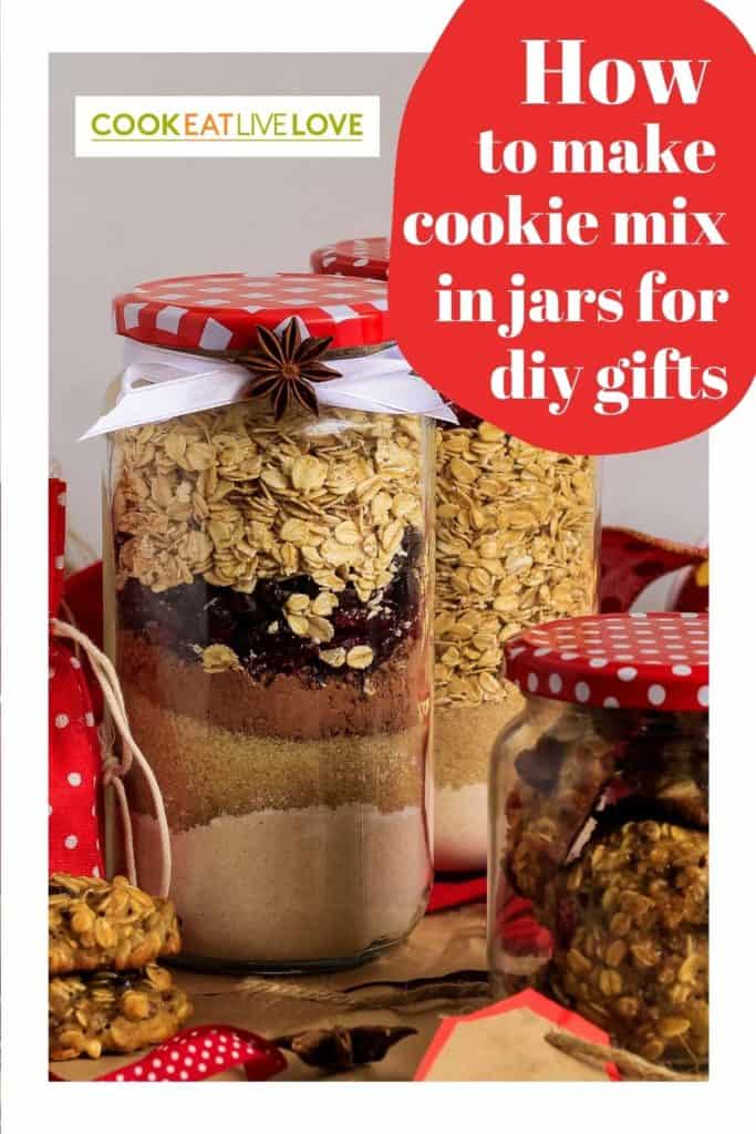 Pin for pinterest with cookie mix jar and text.