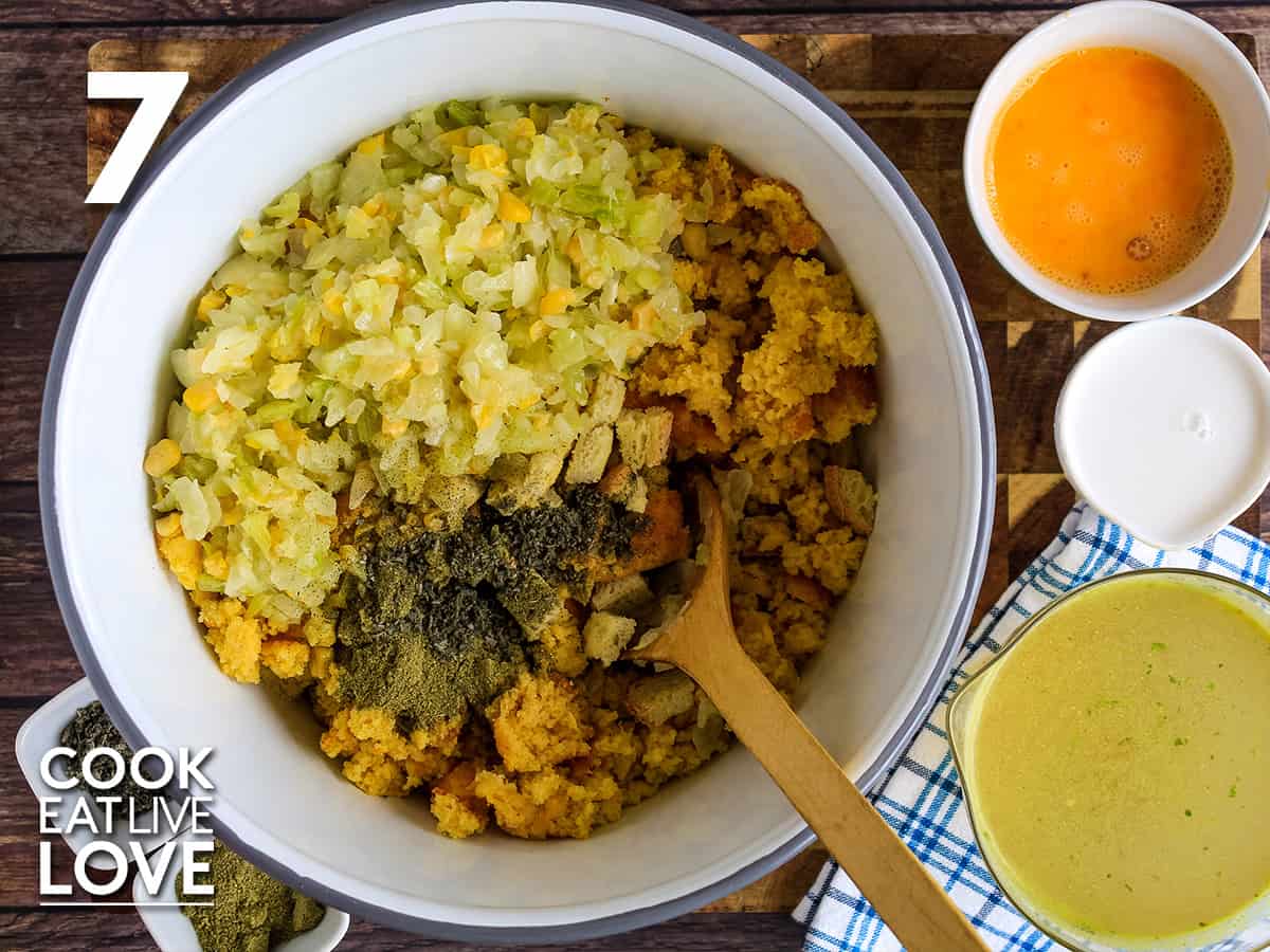 Ingredients are all combined in large mixing bowl for gluten free cornbread stuffing.