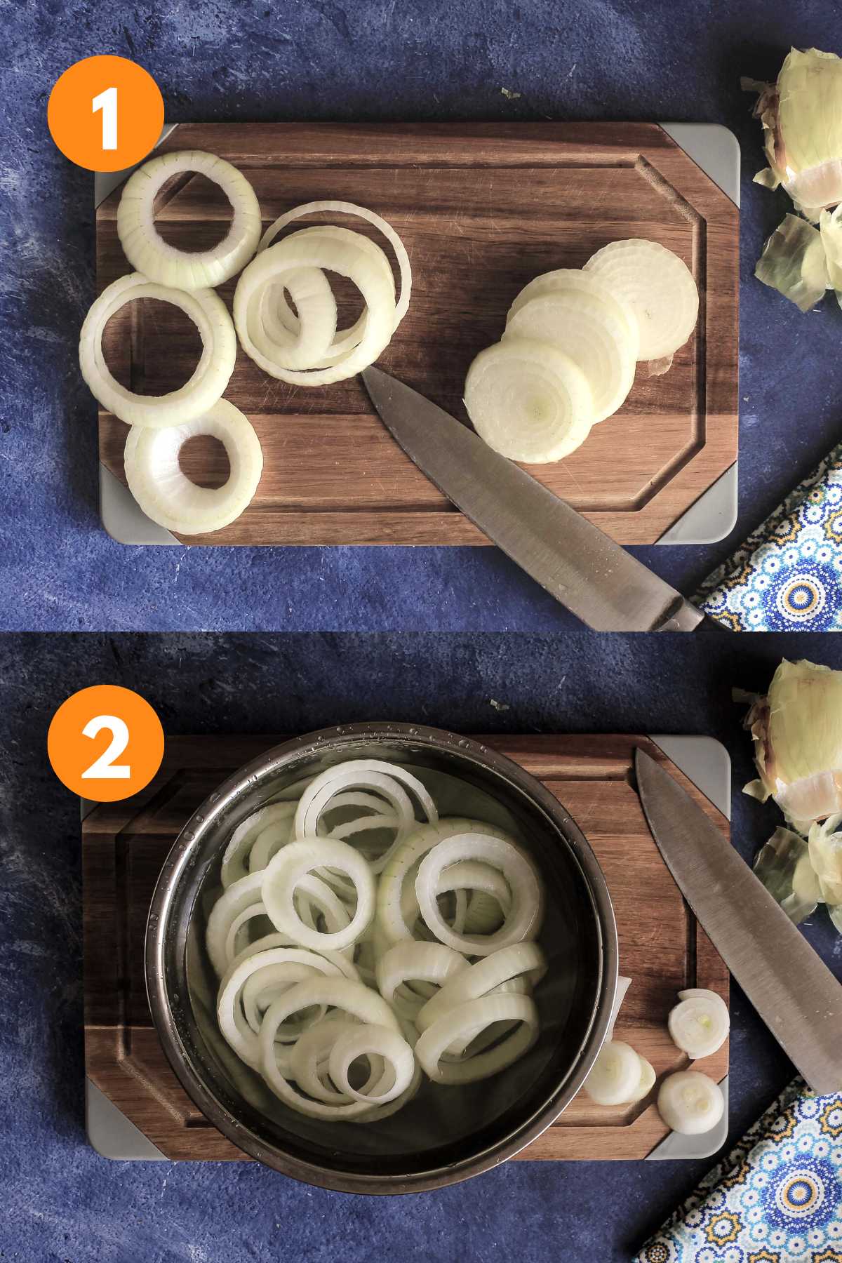 Collage of sliced onions on a cutting board and separated in a bowl.