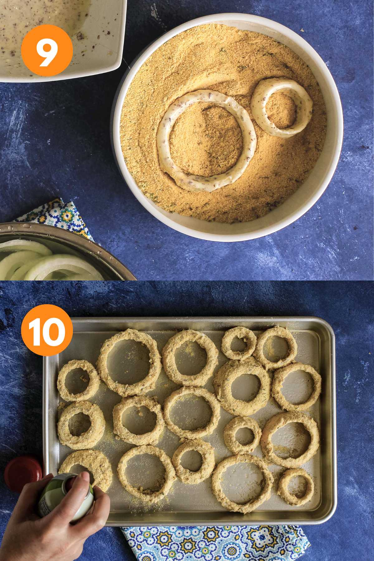 Onion rings in the cornmeal mixture on top and bottom image of breaded vegan onion rings on a baking tray.