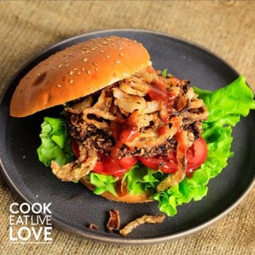 Close up front view of burger.