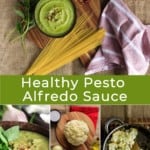 PIn for pinterest with multiple photos of cooking sauce and the finished vegan alfredo in a bowl.