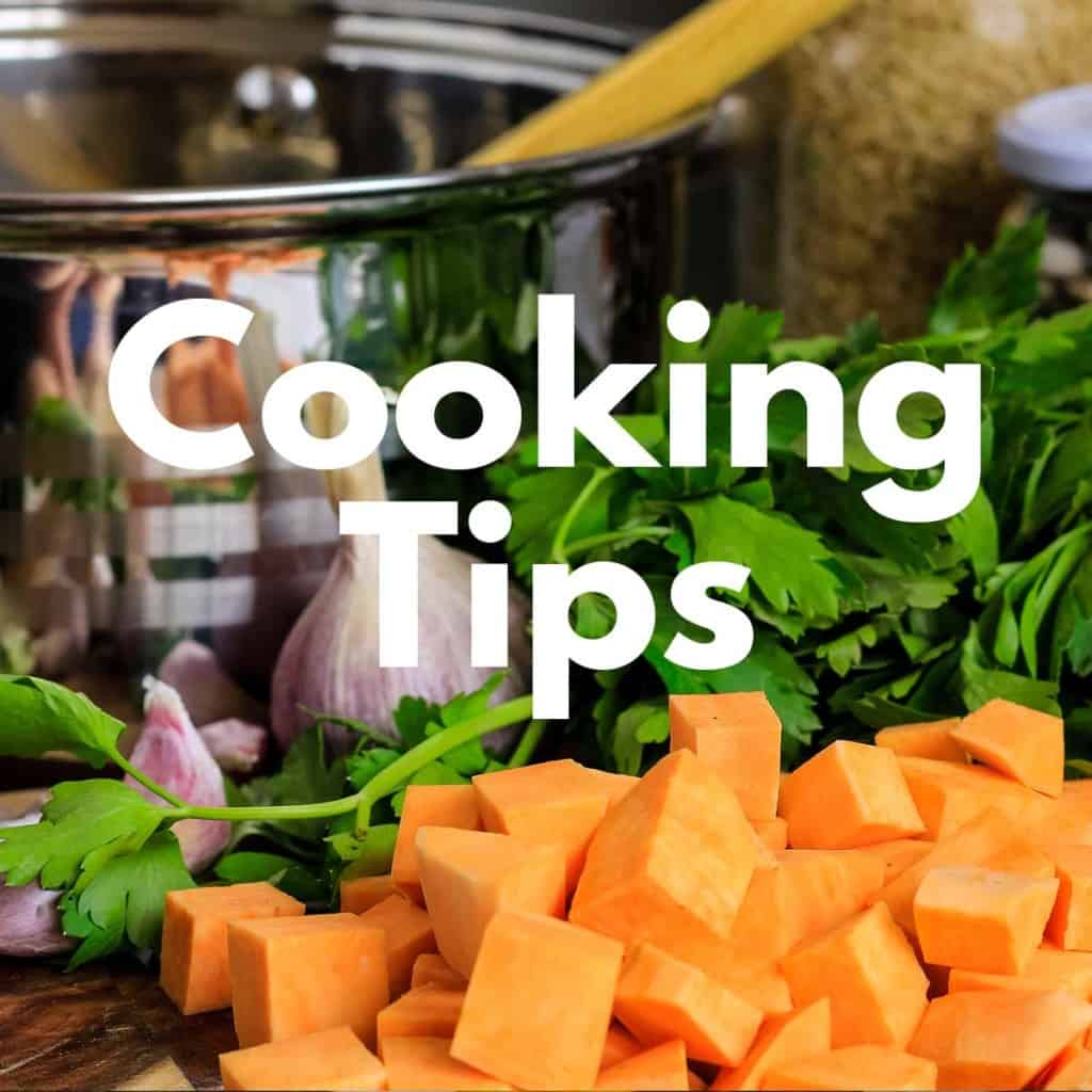 Link to Cooking Tips soup pot and veggies with text on top.