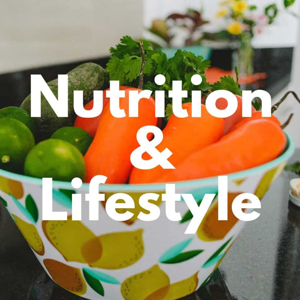 Nutrition link with bowl of fruits and veggies with text on top.
