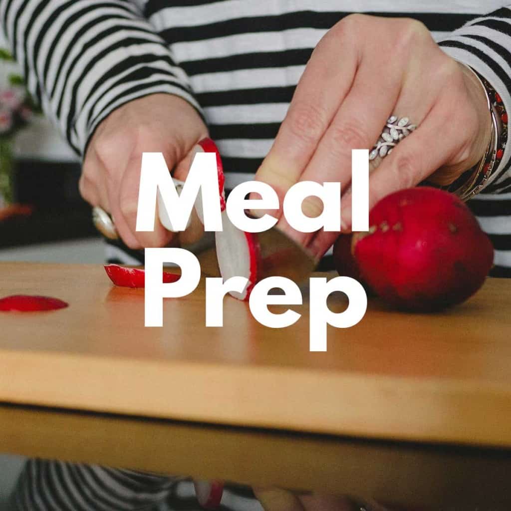 Link to Meal prep with hands cutting radish on cutting board.