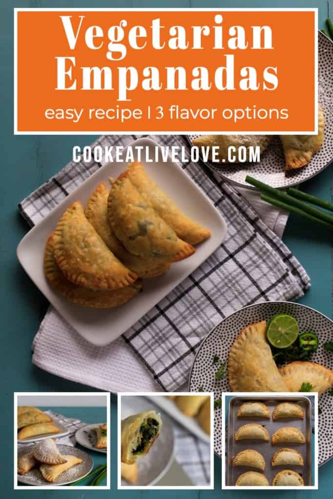 Pin for pinterest with overhead of different flavors of empanadas on plates.
