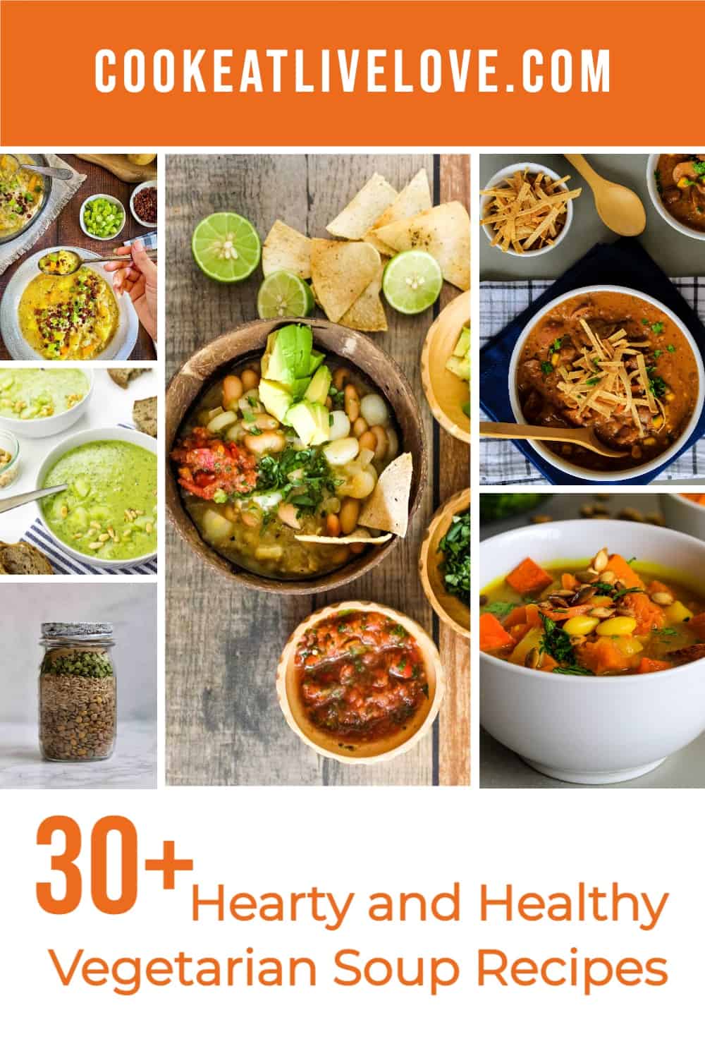 PIn for Pinterest showing some of the soups represented in this hearty vegetarian stews and soups collection.