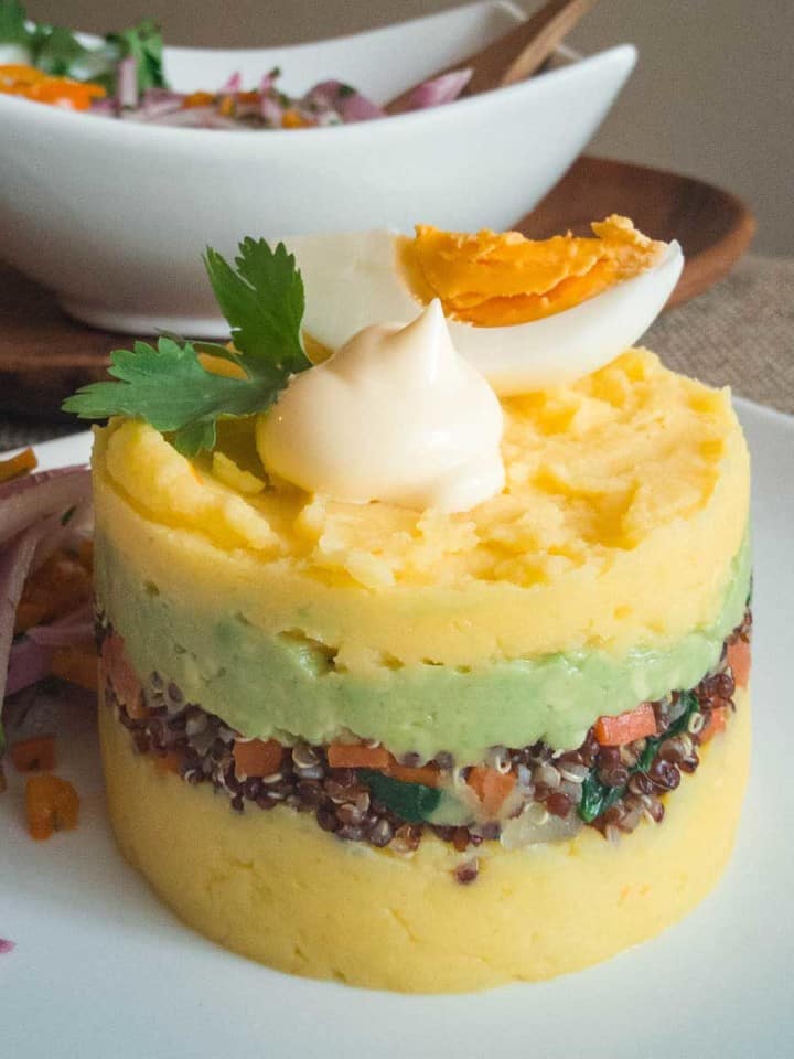 Front view of causa, a peruvian favorite recipe.