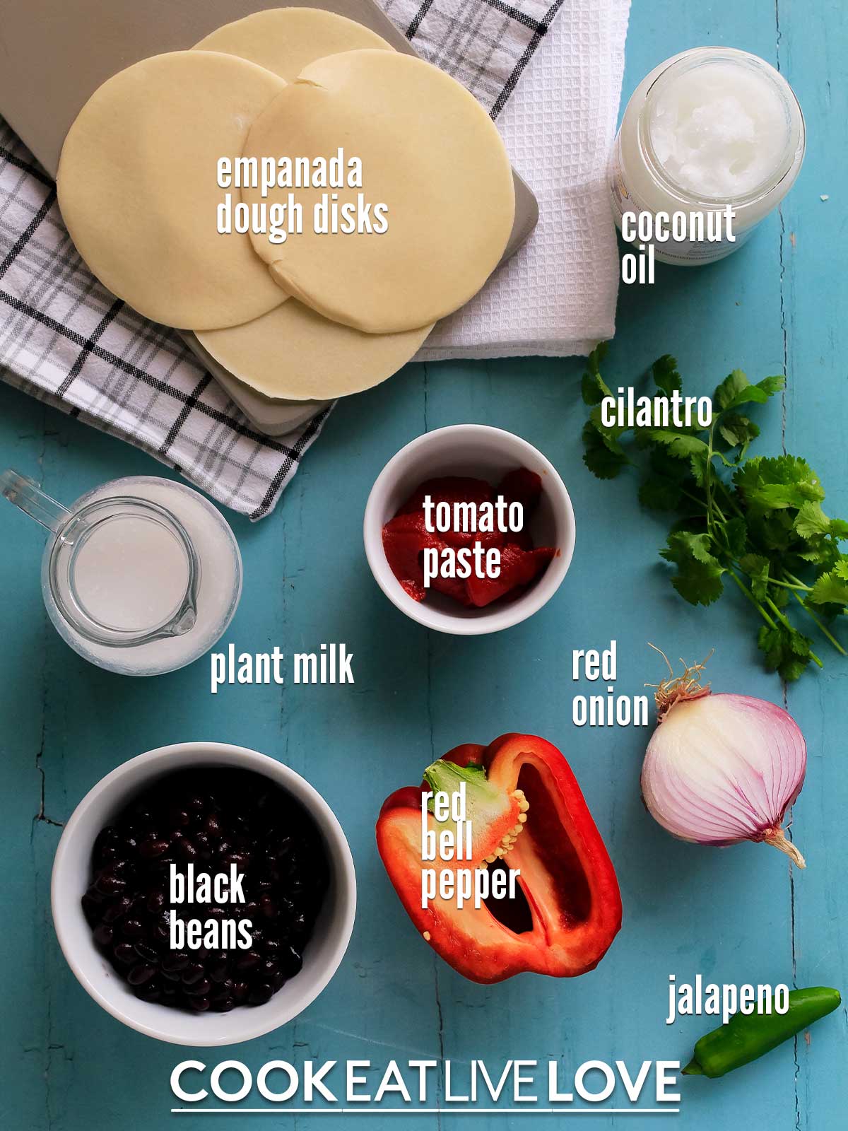 Ingredients needed to make black bean filling for vegetarian empanadas.