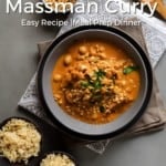 Pin for pinterest with overhead view of bowl of curry served up with rice.