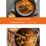 Pin for pinterest with two different views of making and completed curries.