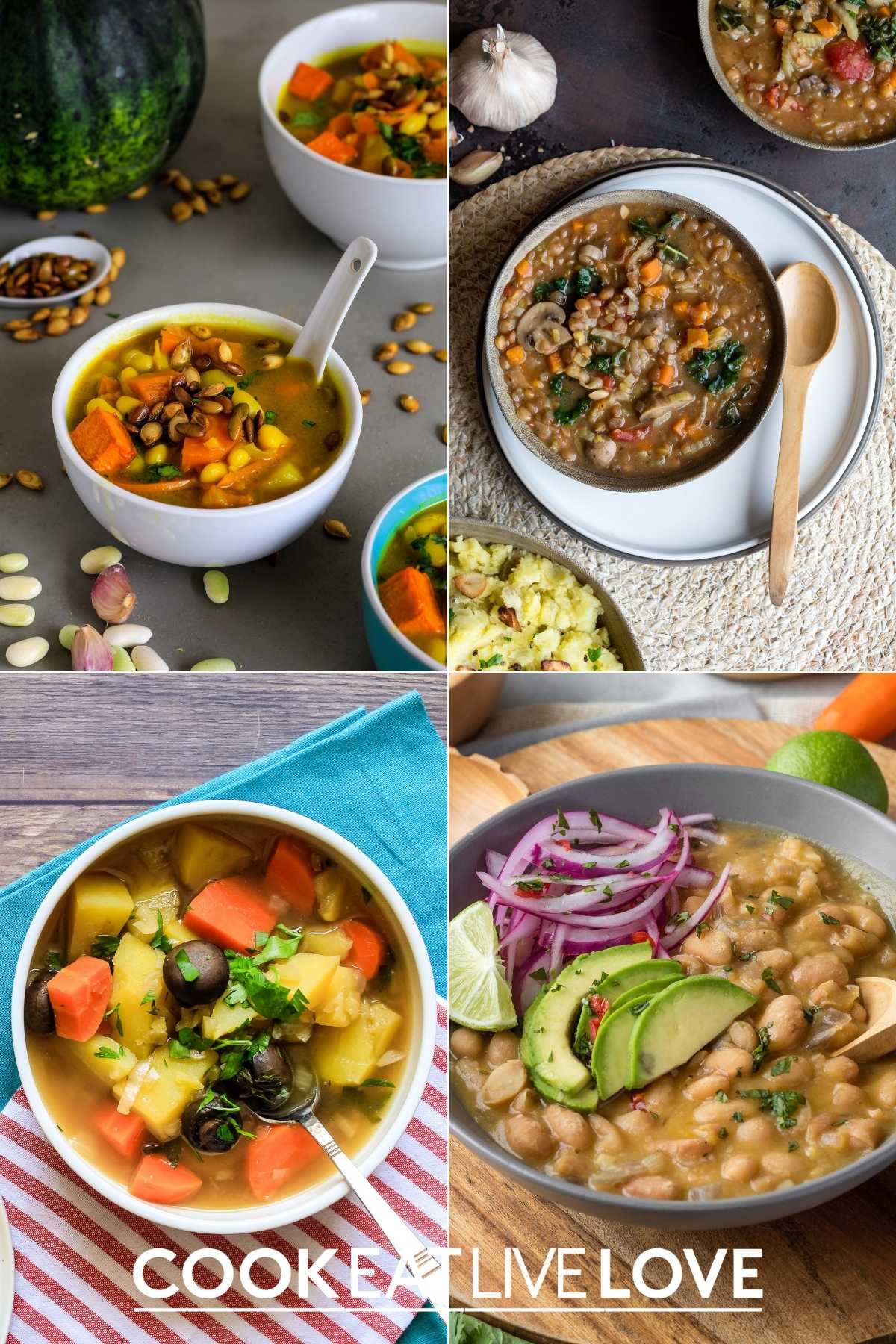 Collage of soups included in the post.