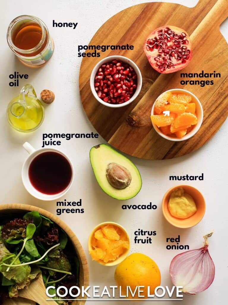 Ingredients for Citrus Salad on table with text labels