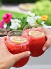Two hands holding glass with red cocktail garnished with floating lemon slice clinking together to cheers.