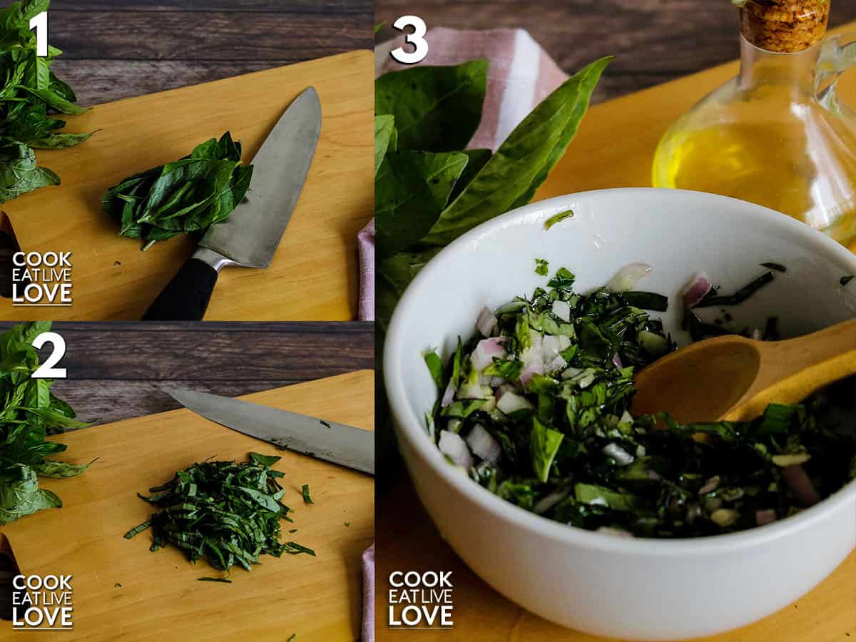 Collage of photos to show how to cut basil and make sauce
