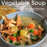 Pin for pinterest with photo of blue bowl filled with vegan vegetable soup.