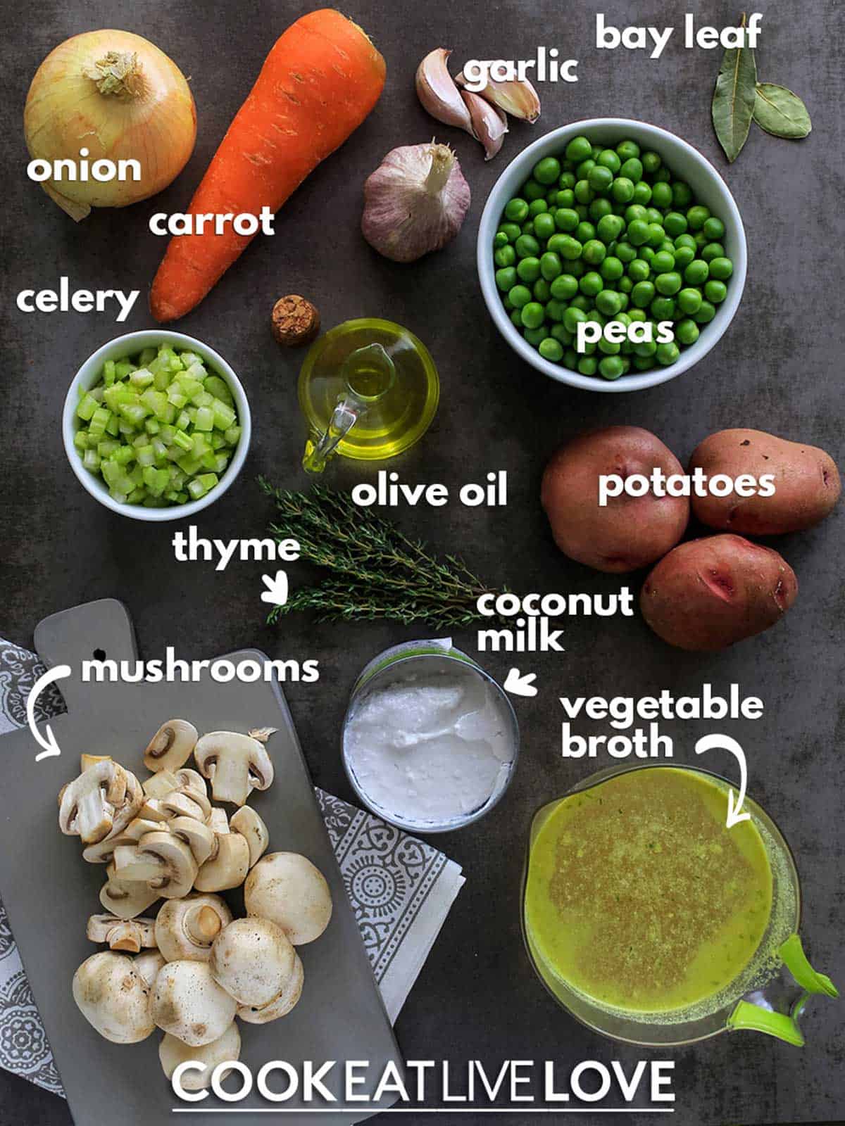 Overhead view of ingredients with labels for creamy vegetable soup.