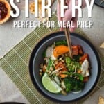 Pin for pinterest with multiple images of stir fry ready to eat.