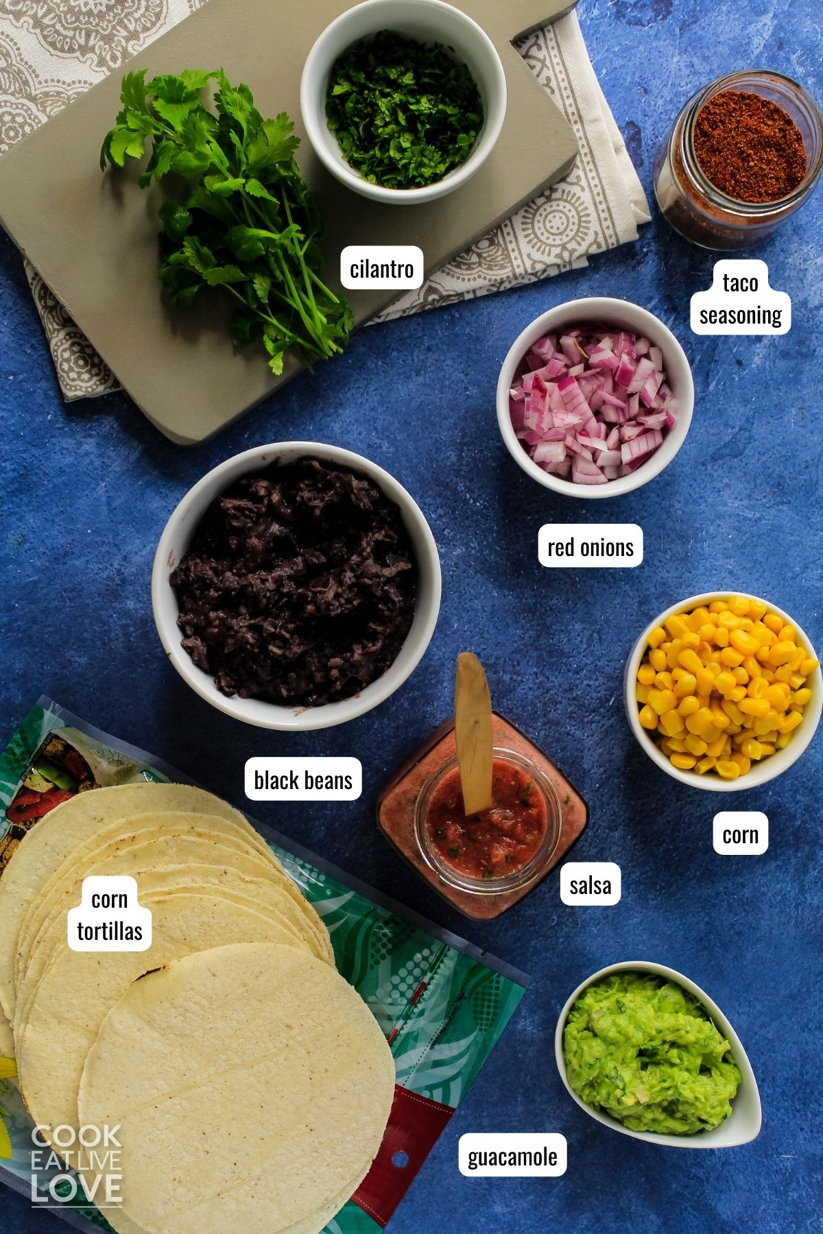Ingredients to make taquitos on a table with text labels.