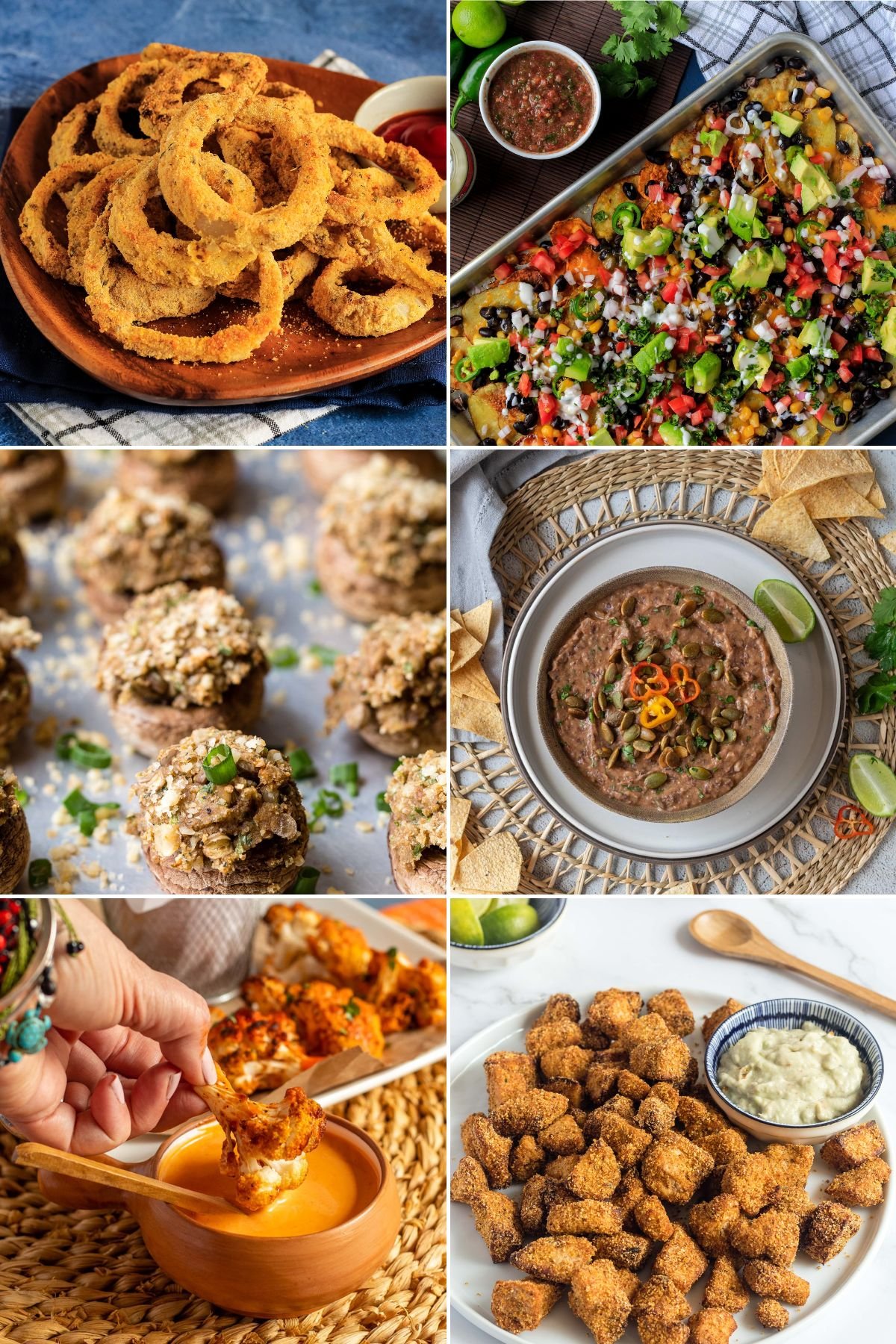 Collage of food photos from recipes in vegetarian game day recipes.