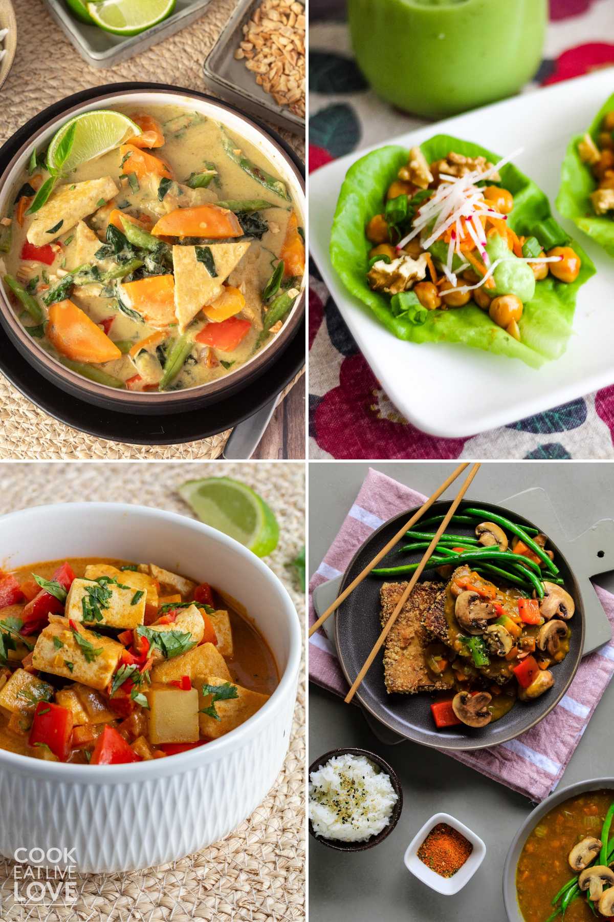 A collage of vegetarian recipes spicy including a green curry, lettuce wraps, yellow curry, and japanese vegetable curry.