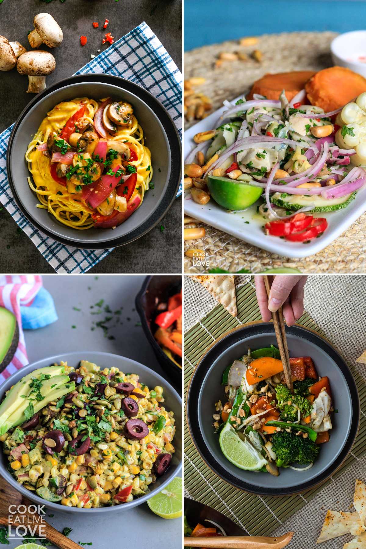 A collage of spicy vegetarian dishes including a pasta, ceviche, corn salad, and spicy stir fry.