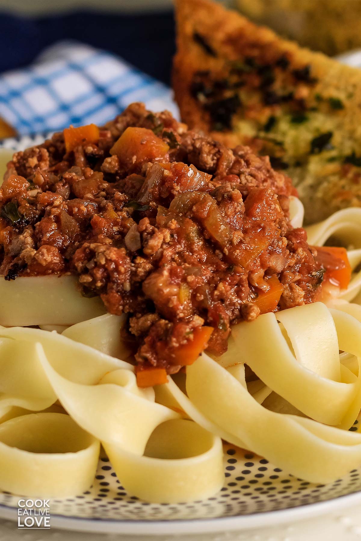 A close up of vegan bolognese sauce served up over noodles on a plate.