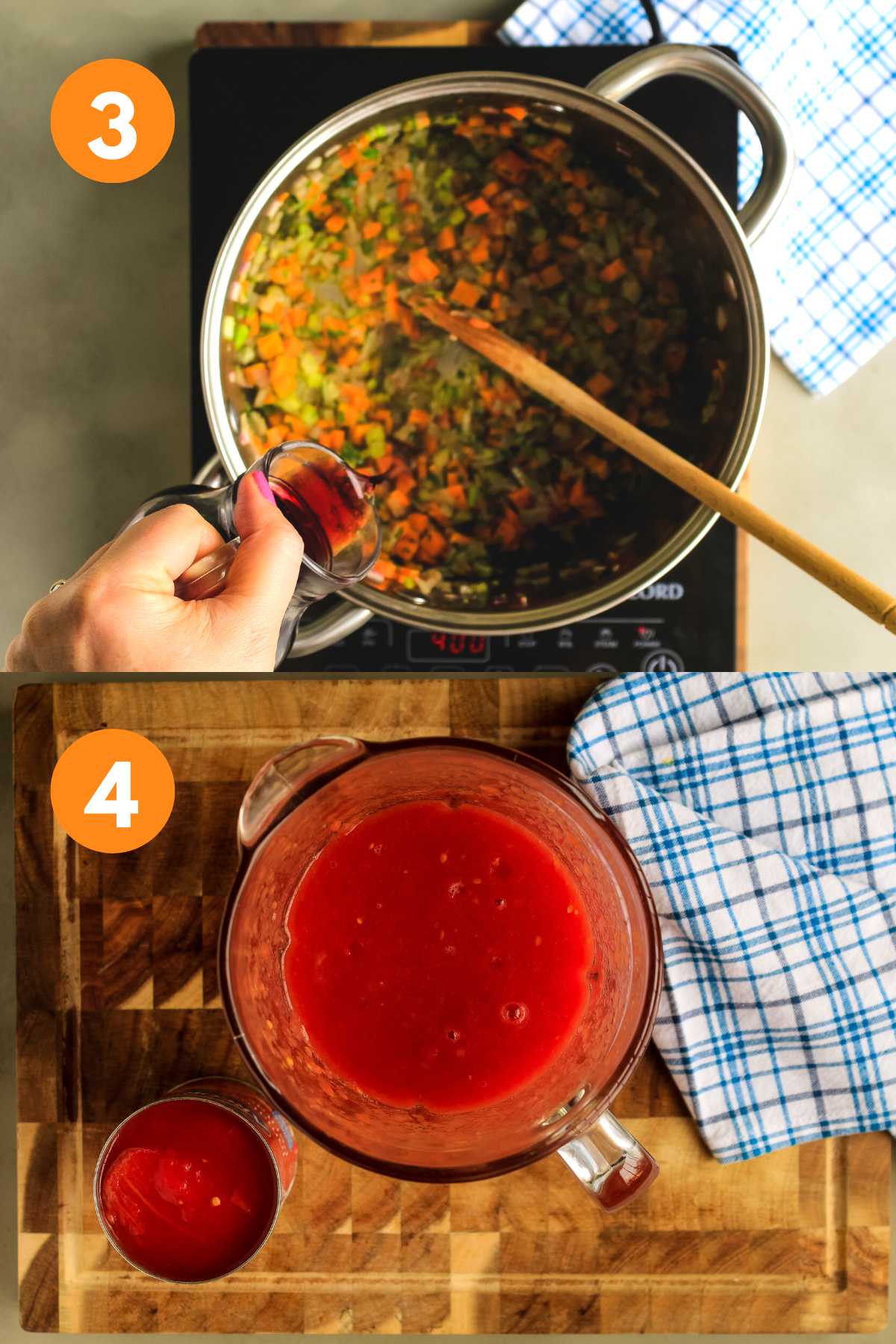 A collage of adding the wine to the pan and blending the tomatoes.