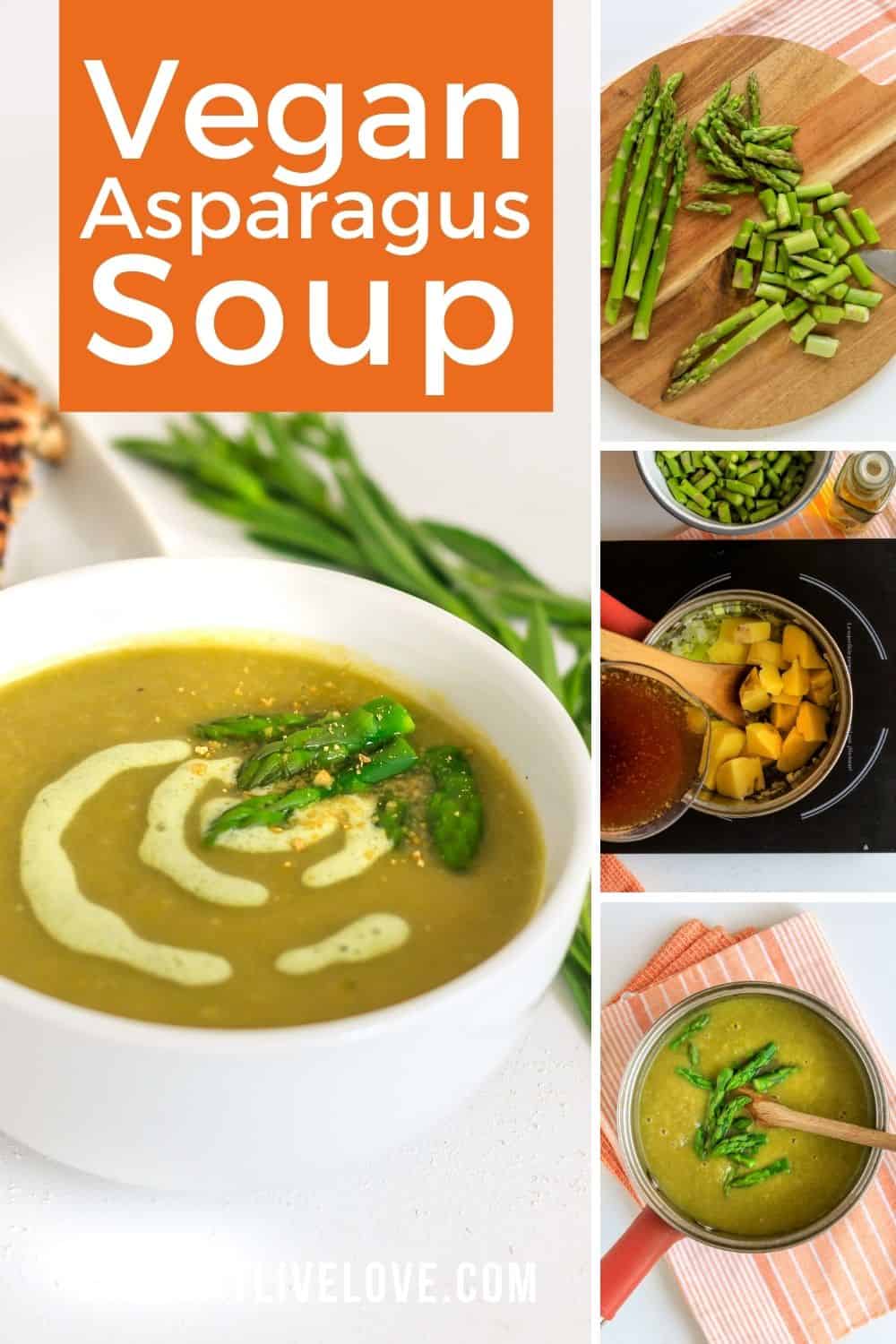 Vegan asparagus soup with sweet peas and chives in a ceramic bowl