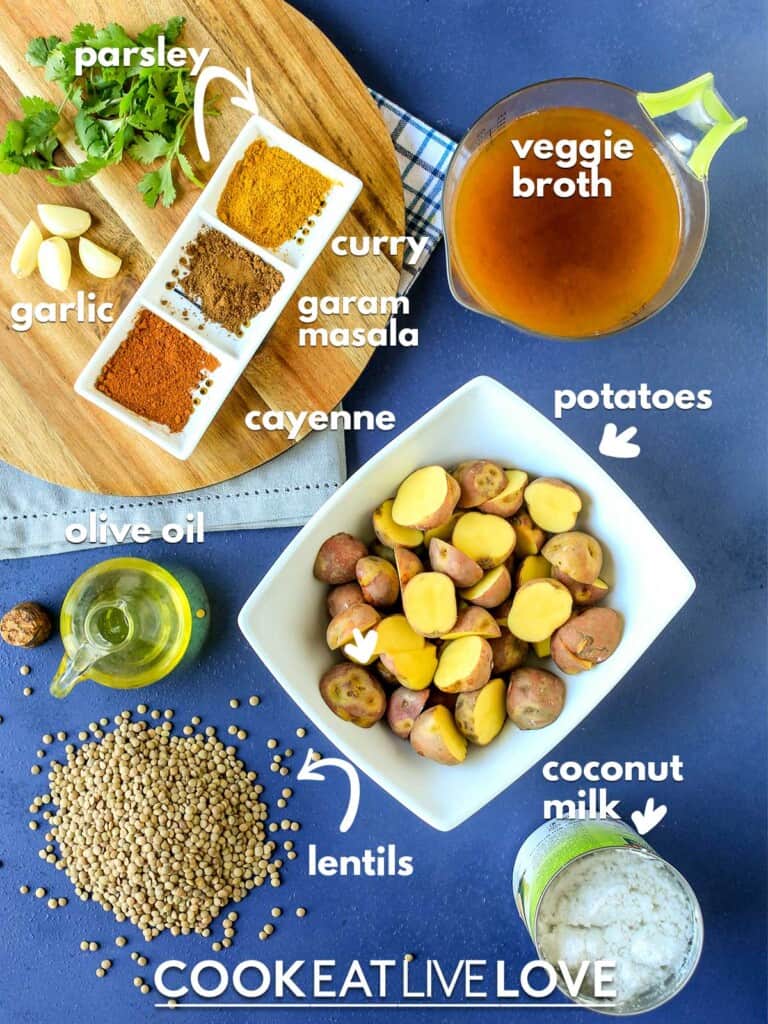 Lentil curry ingredients on the table with text labels