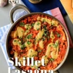 Pin for pinterest graphic with image of skillet lasagna and text
