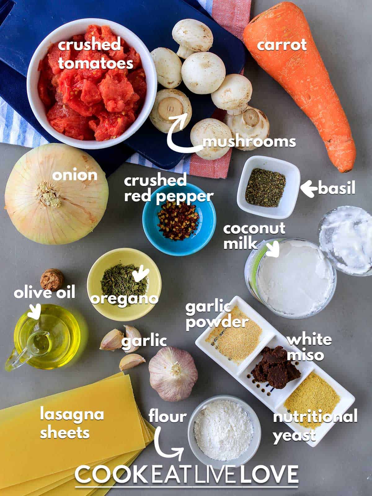 Ingredients to make stovetop lasagna with text