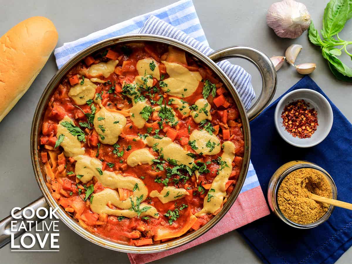 Vegan lasagna in skillet on a table