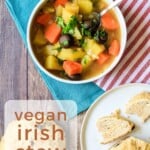 Pin for pinterest graphic for vegan irish stew with multiple photos and text