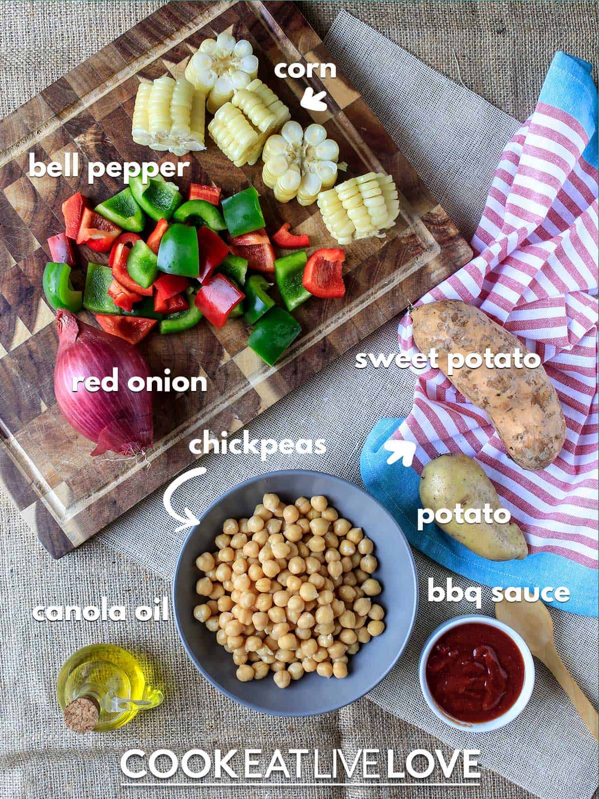 Ingredients to make bbq chickpeas on a table with text labels
