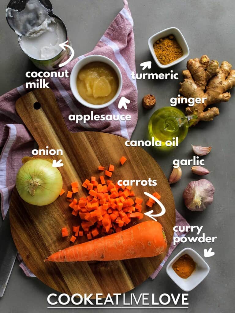 Ingredients to make curry pasta on table with text labels
