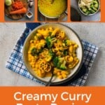 Pin for pinterest graphic with multi images of curry pasta and text