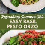 Pin for pinterest graphic with images of pesto orzo and text on top.