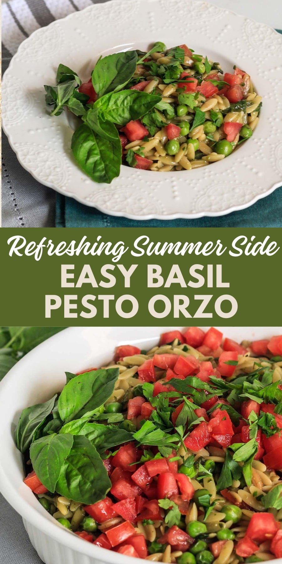 Pin for pinterest graphic with images of pesto orzo and text on top.