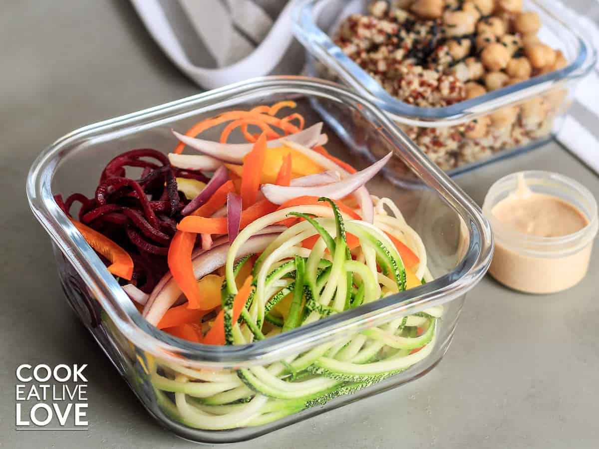 Veggie noodles are packed up in containers to take on the go