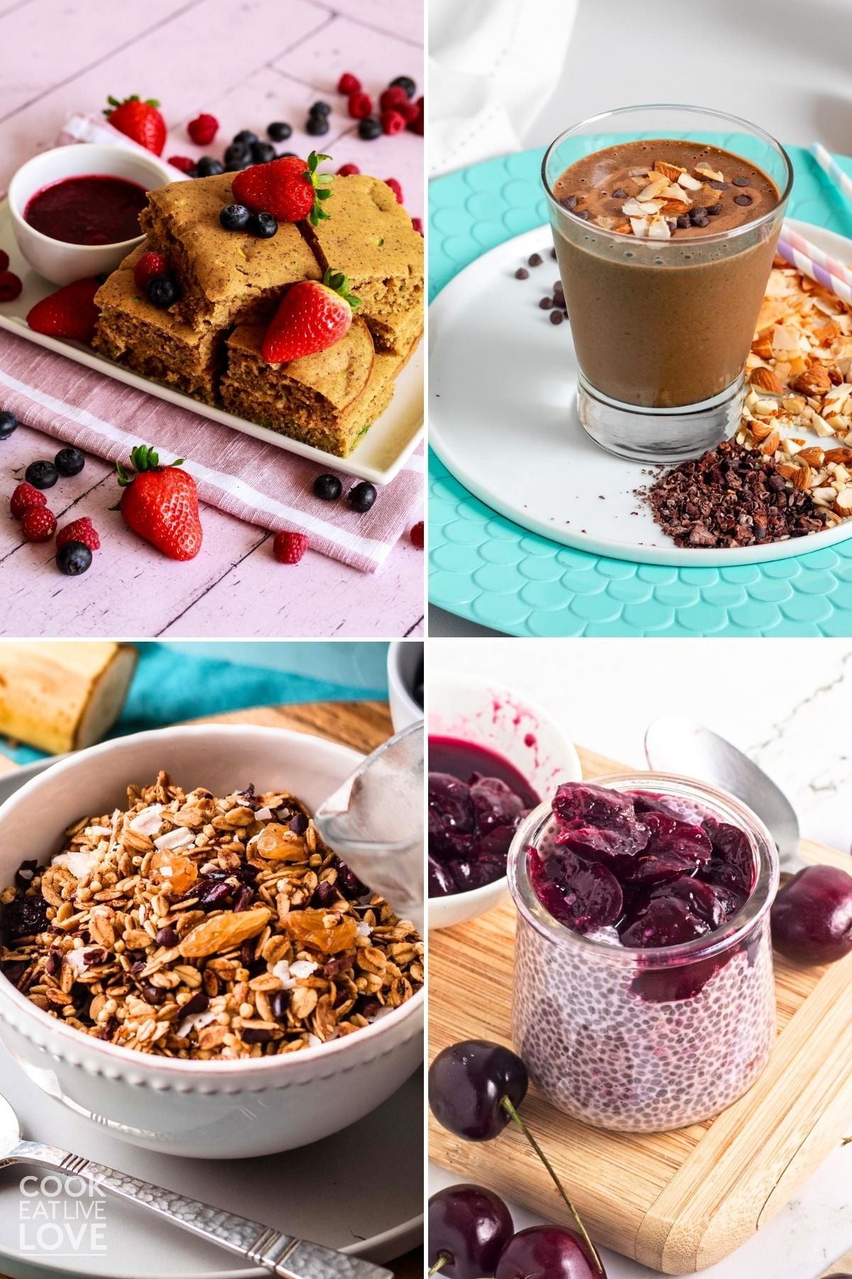 A collage of four make ahead breakfasts including sheet pan pancakes, granola, chia pudding, and a chocolate smoothie. 