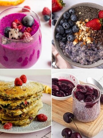 A collage of four make ahead breakfast recipes from smoothies and pancakes to overnight jars.