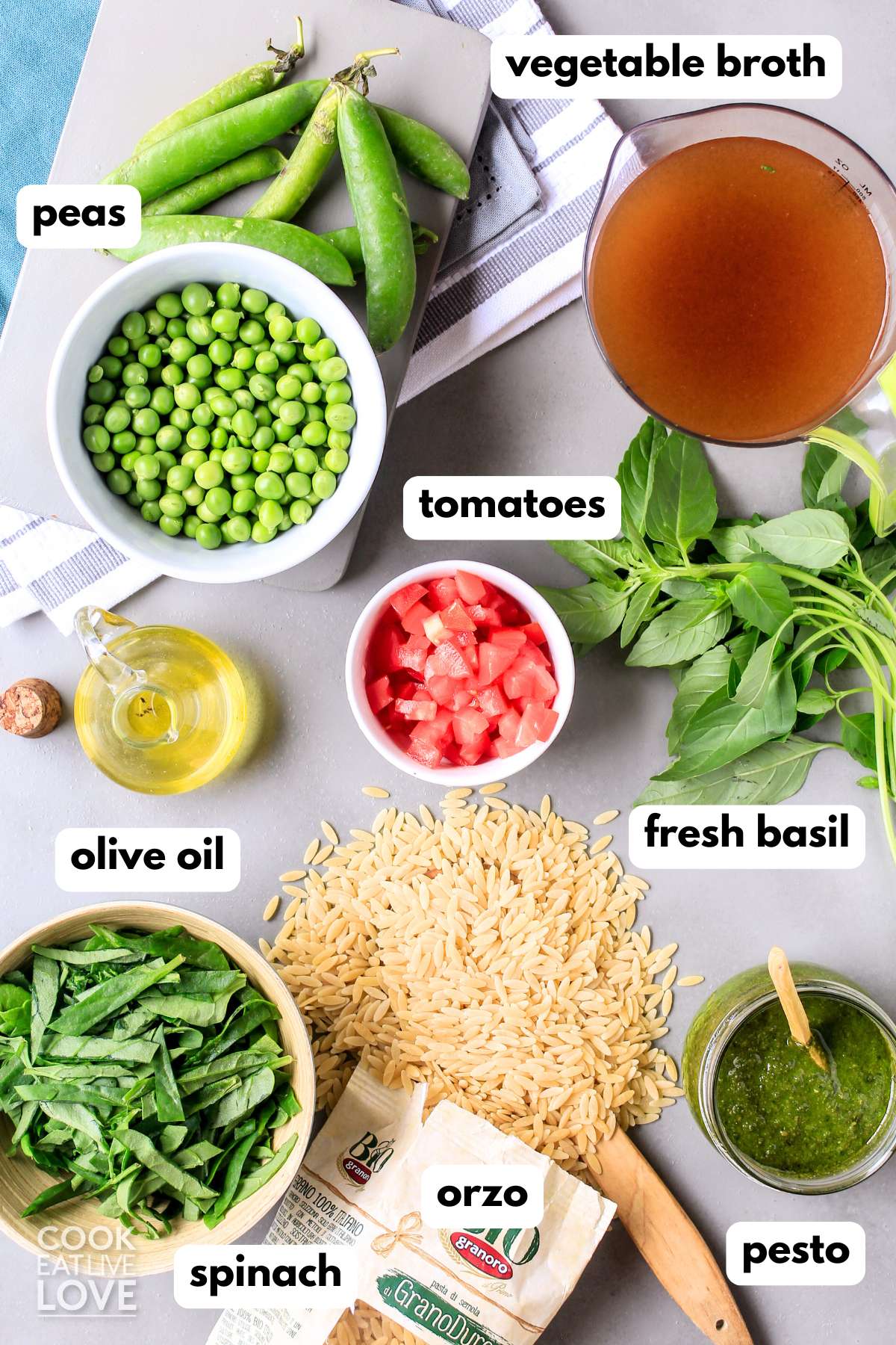 Ingredients to make orzo pesto on the table with text labels