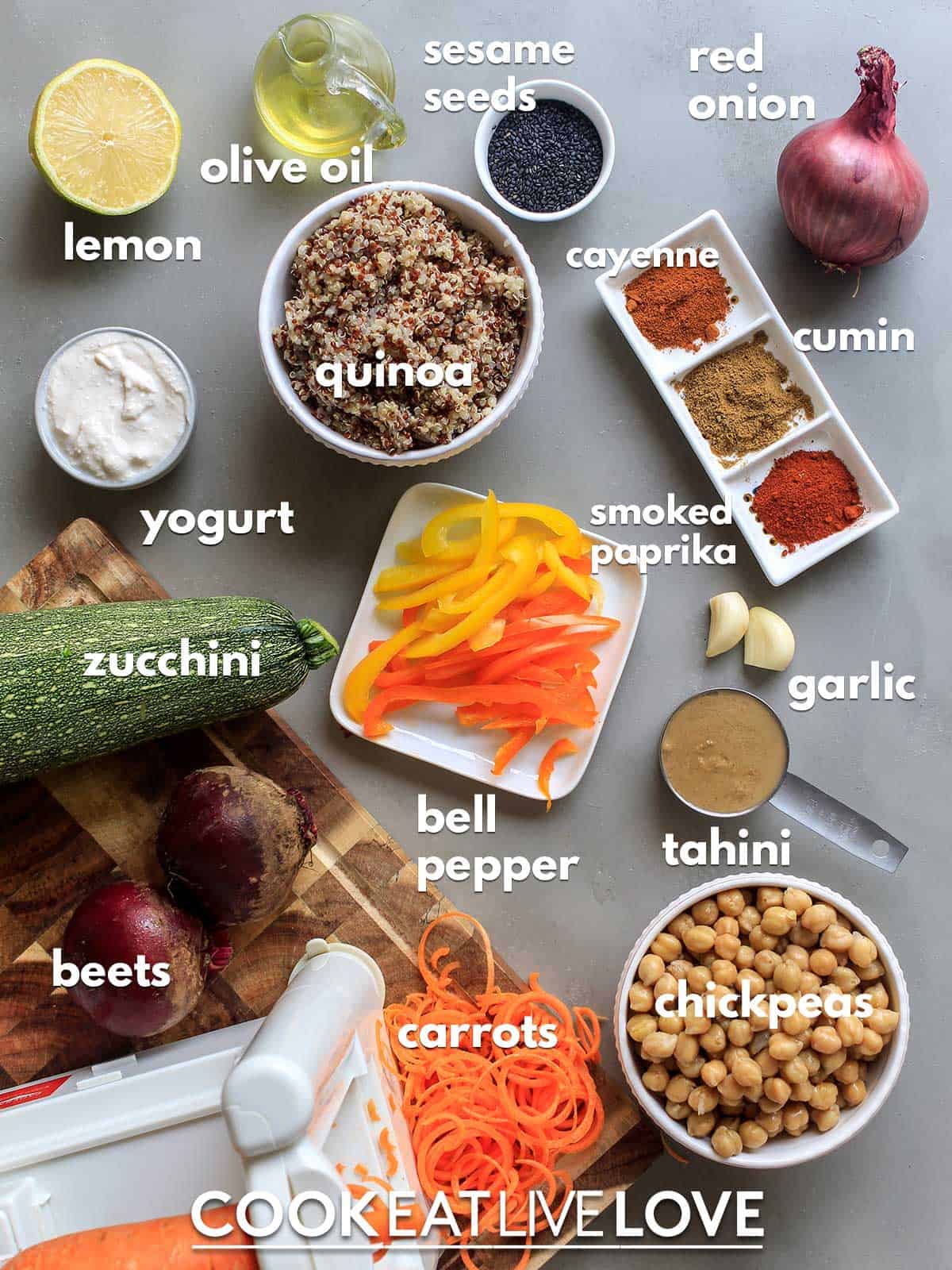 Ingredients to make spiral veggie salad on the table with text labels