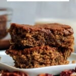 Pin for pinterest graphic with one photo of vegan blondies stacked on top of each other