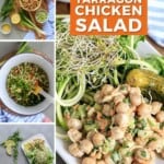 Pin for pinterest with four images of vegan chicken salad